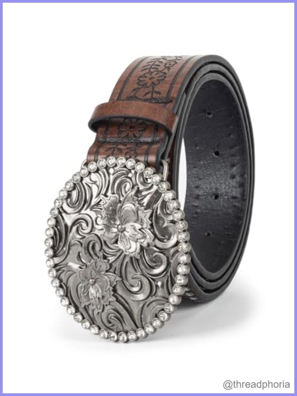 Western Belt PU Leather Rhinestone Buckle Floral Engraved Cowgirl